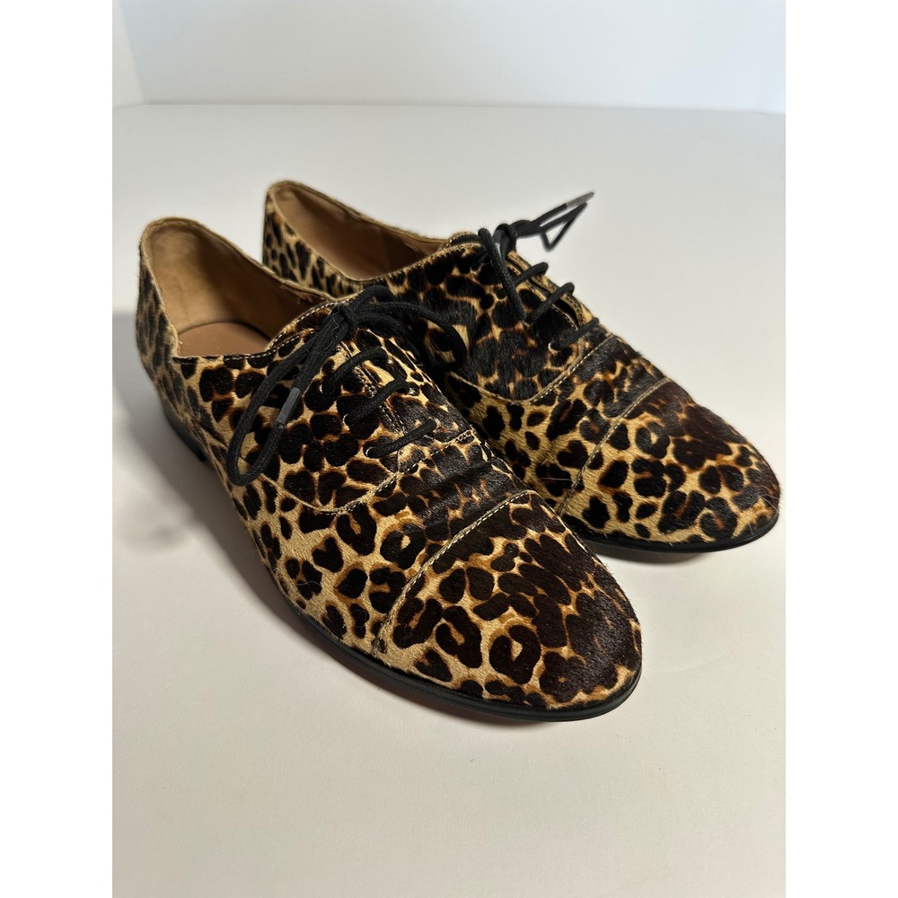 Elorie Leopard Print Calf Hair Leather Oxford Flats Brown Tan Black Size 6.5 M